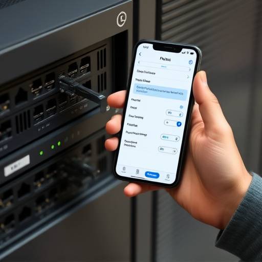 Pessoa a segurar um smartphone a configurar um dispositivo de rede